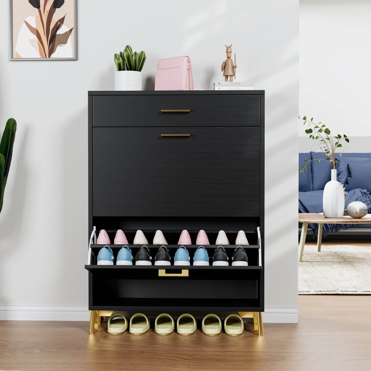 Space - Saving Black MDF Shoe Storage Cabinet With Drawers - Zenvia - Sleep Galleria