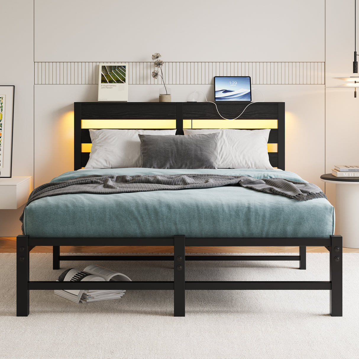 Full Full Size Metal Bed Frame With RGB LED Lights Charging