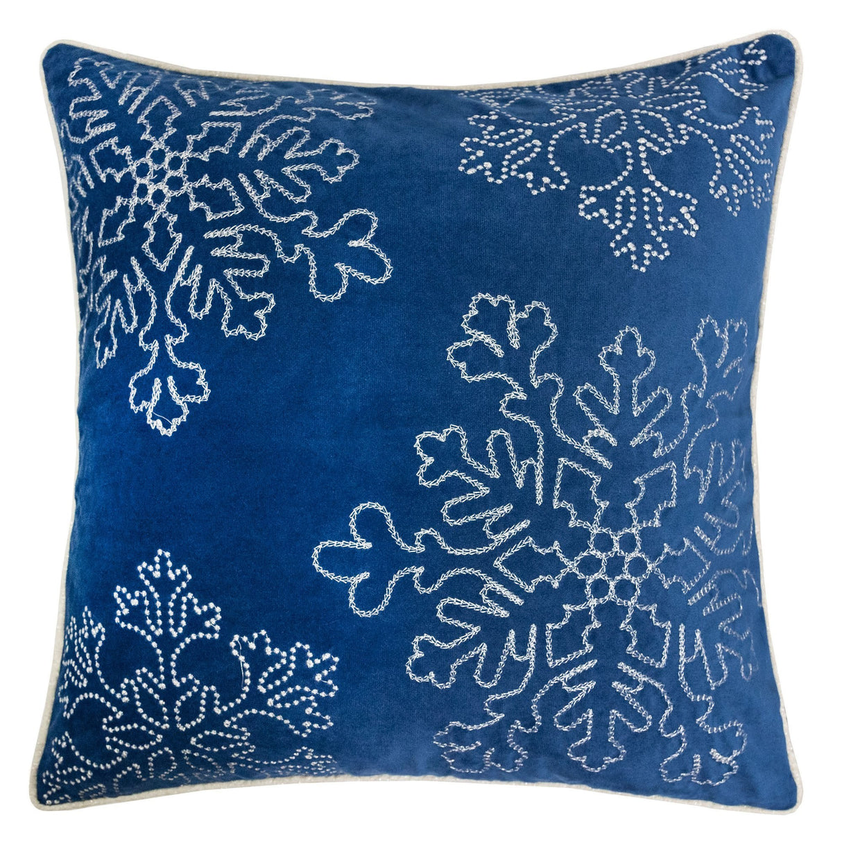 Blue Velvet Holiday Throw Pillow With Silver Snowflake Embroidery