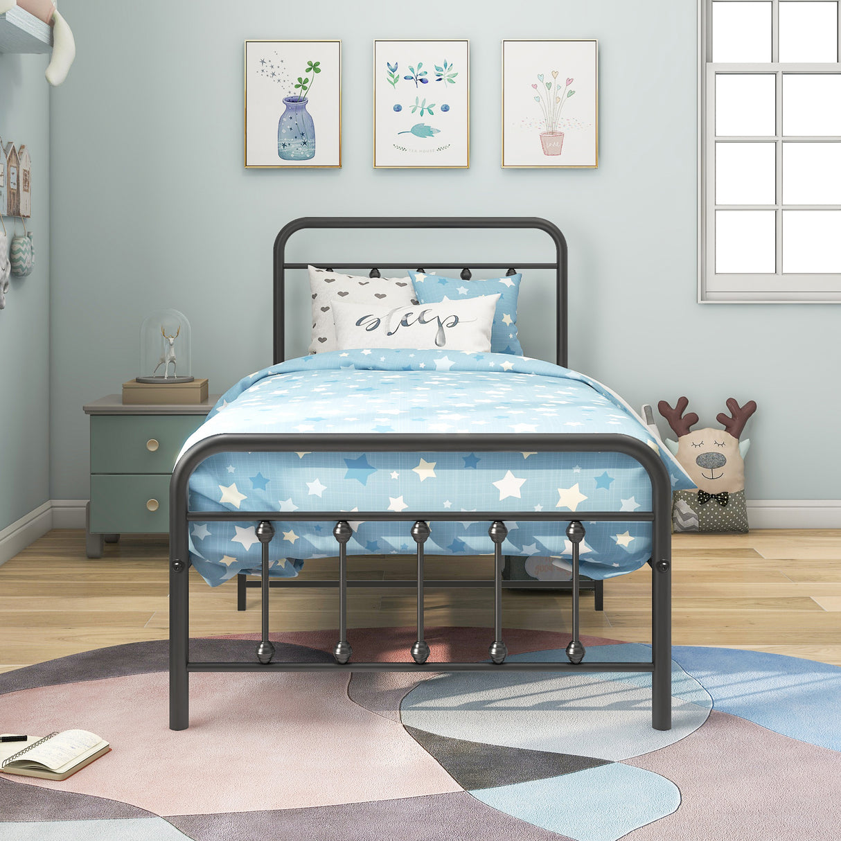 Twin Victorian Style Metal Platform Bed Frame With Storage