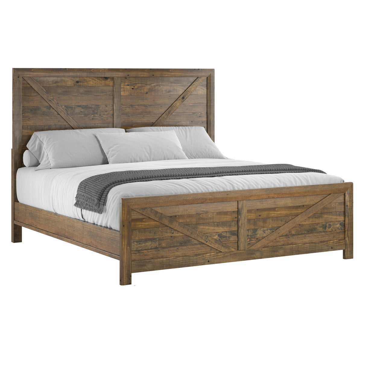 King Solid Wood Rustic Brown Bedroom Bed Frame