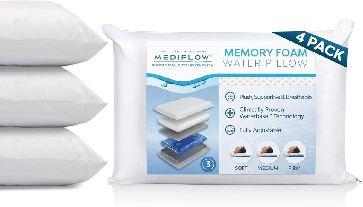 Water Pillow Memory Foam Re-Invented with Waterbase Technology - Clinically Proven to Reduce Neck Pain & Improve Sleep Quality. (Single Pack)