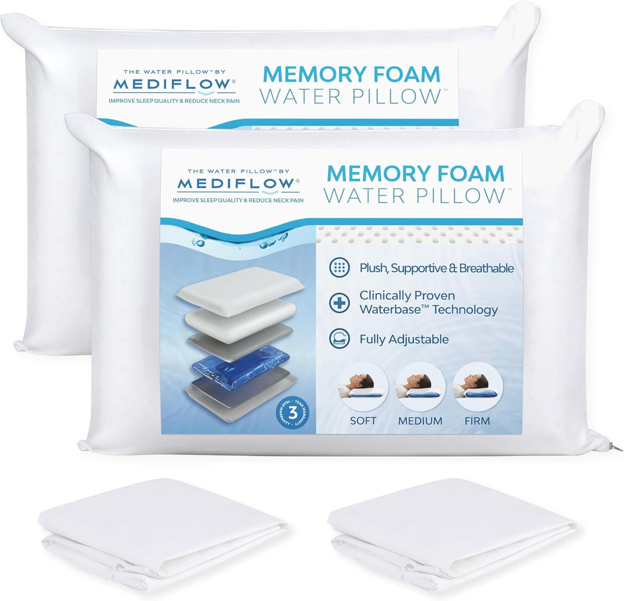 Water Pillow Memory Foam Re-Invented with Waterbase Technology - Clinically Proven to Reduce Neck Pain & Improve Sleep Quality. (Single Pack)