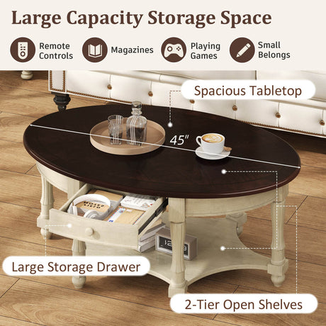 Vintage Oval Coffee Table With Drawer And Storage Shelf - Sleep Galleria