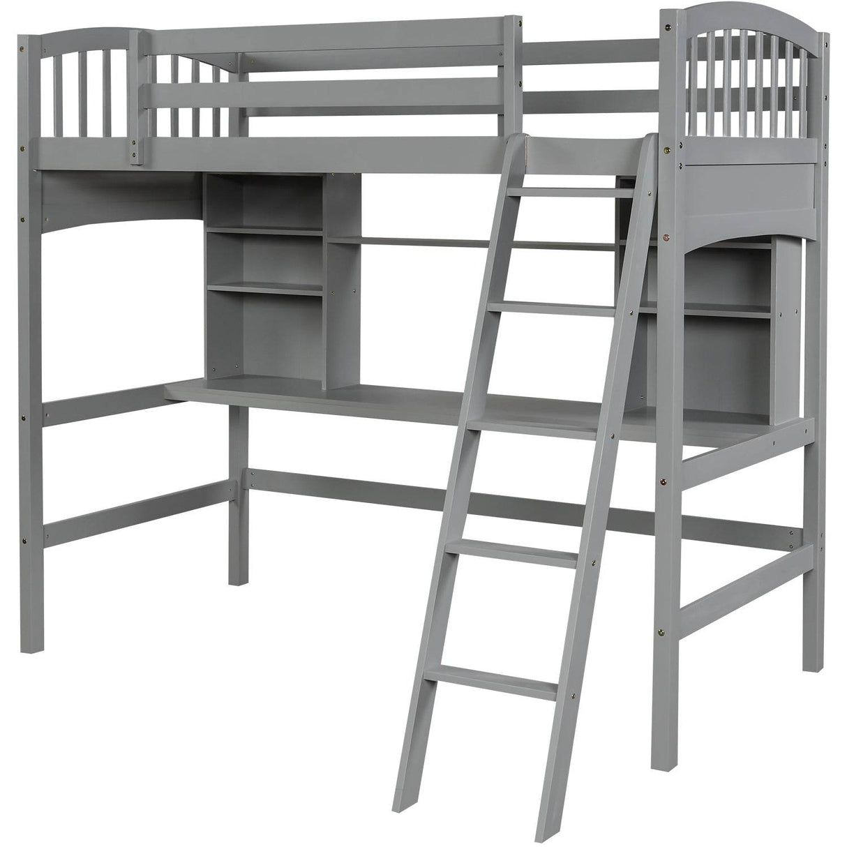 Twin Solid Wood Loft Bed With Desk and Storage Shelves
