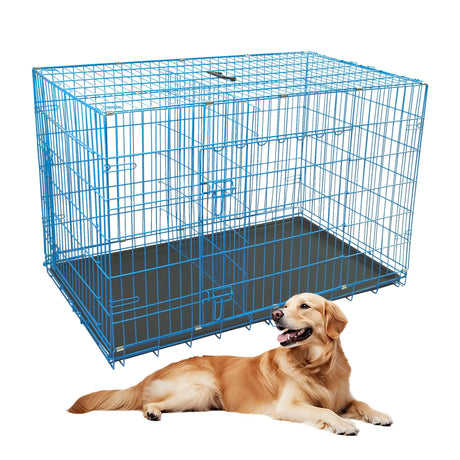 Durable Wire Dog Crate, Folding Metal Dog Kennel Double Door Dog Cage with Plastic Tray, Pet Crate for Large Dog Indoor Outdoor Travel (Blue, 36 Inch)