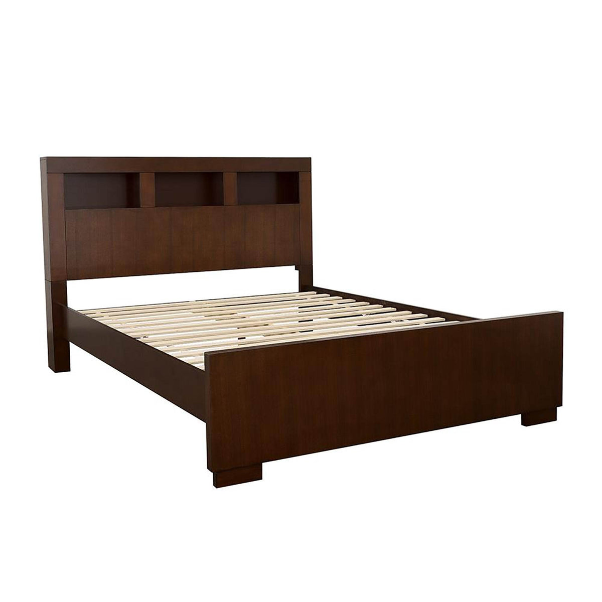 Contemporary Cappuccino Queen Wood Bed Frame With Bookcase