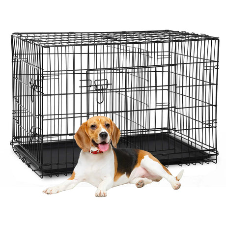 Durable Wire Dog Crate, Folding Metal Dog Kennel Double Door Dog Cage with Plastic Tray, Pet Crate for Large Dog Indoor Outdoor Travel (Blue, 36 Inch)