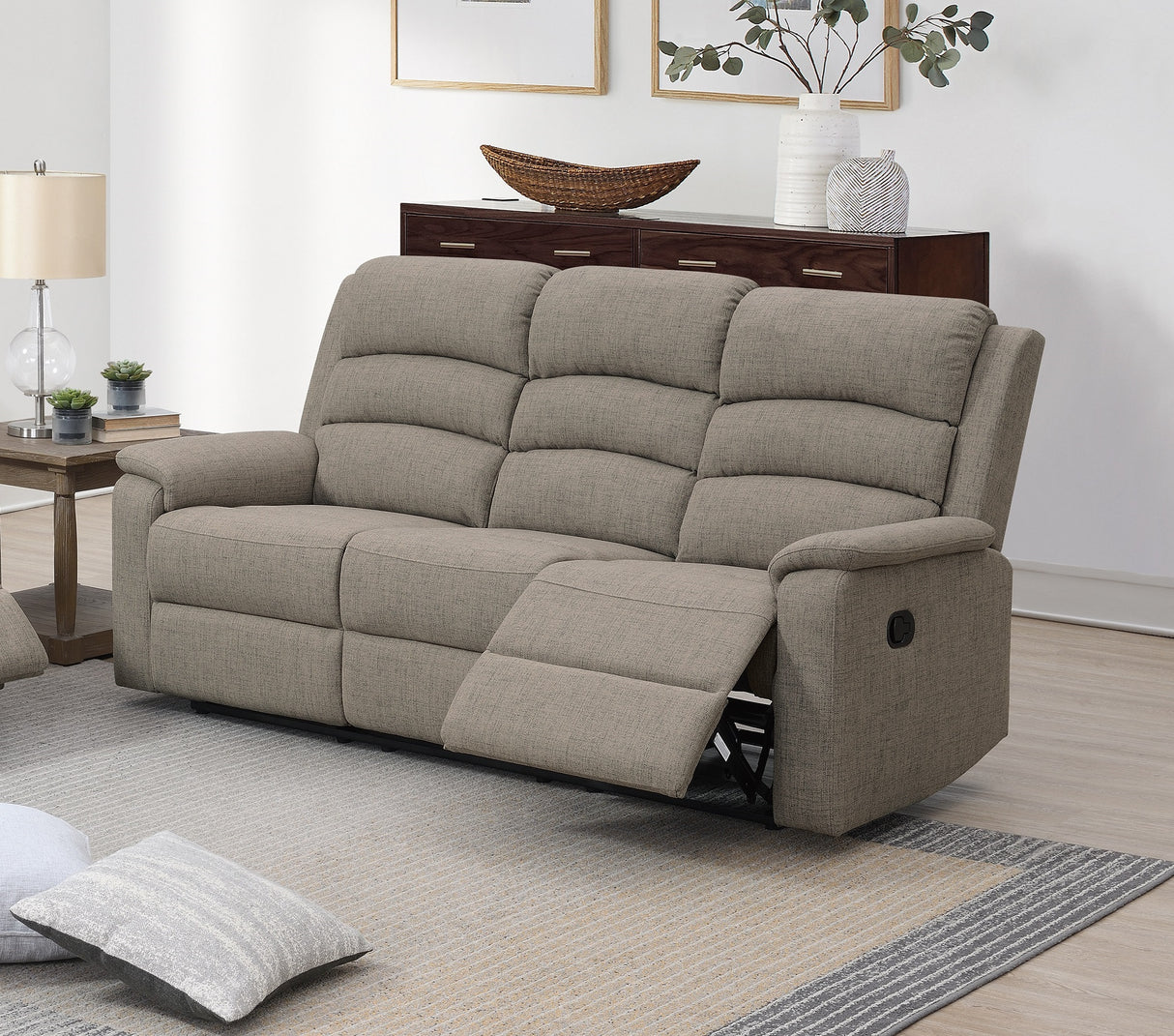 Modern Light Brown Burlap Fabric Manual Recliner Sofa