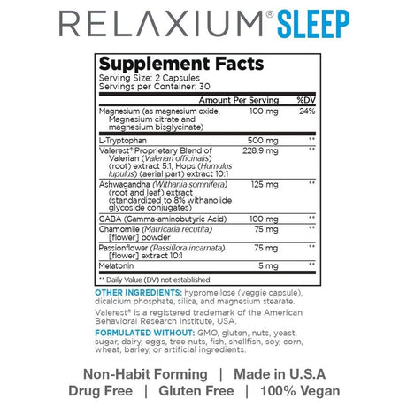 Relaxium Sleep Aid for Adults, Melatonin 5Mg with Magnesium Glycinate, Sleep-Promoting Valerest & Ashwagandha, Non-Habit Forming Sleep Supplement, 60 Capsules, 30-Day Supply