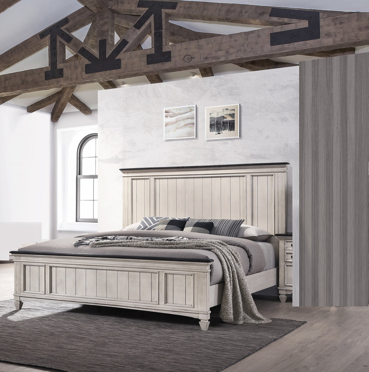 Queen Rustic Two-Tone Wood Panel Bed Frame