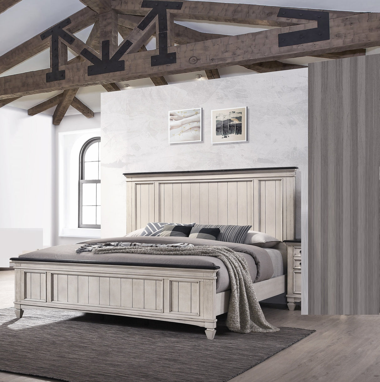 Queen Rustic Two-Tone Wood Panel Bed Frame