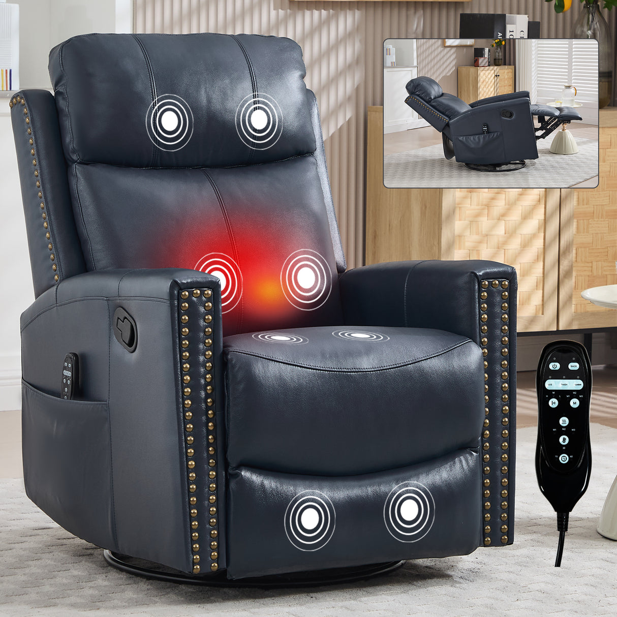 Genuine Leather Medium-Firm Heat Massage Swivel Recliner Chair