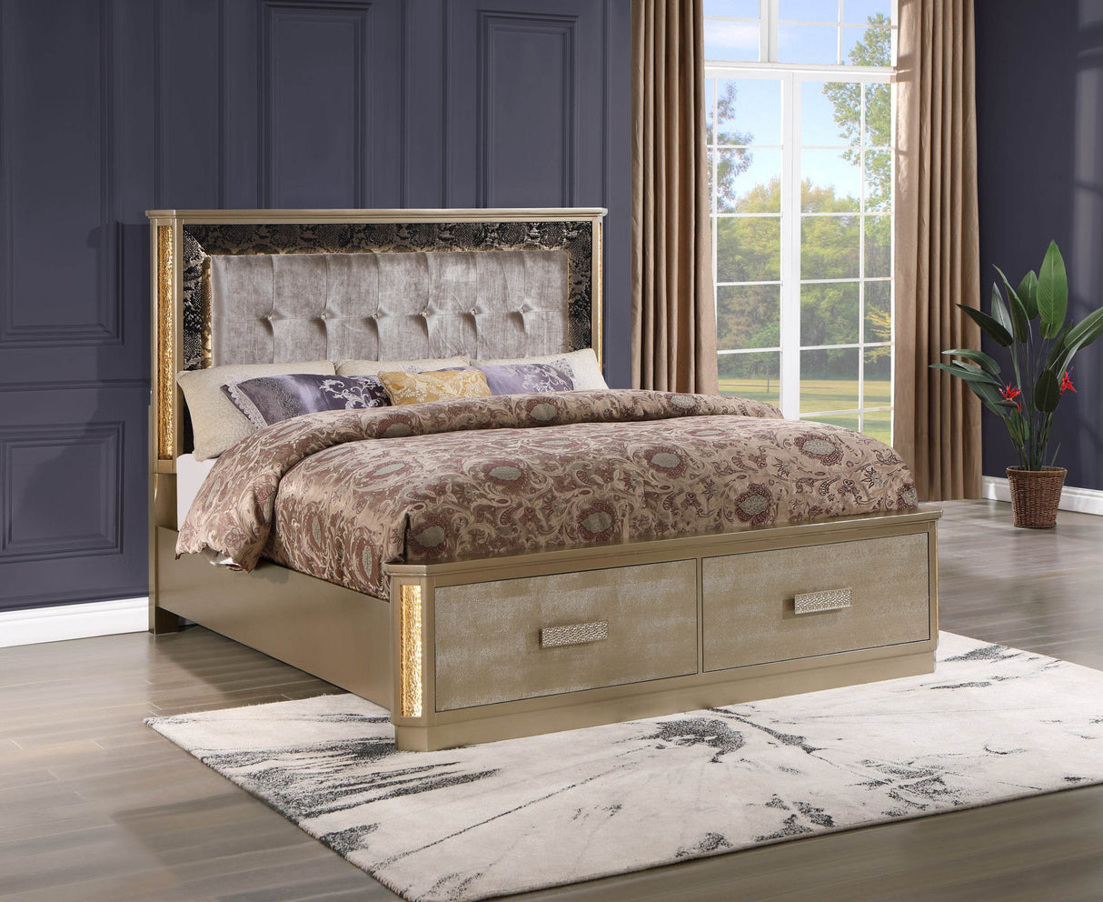 Medusa Contemporary Gold Wood Tufted Queen Bed
