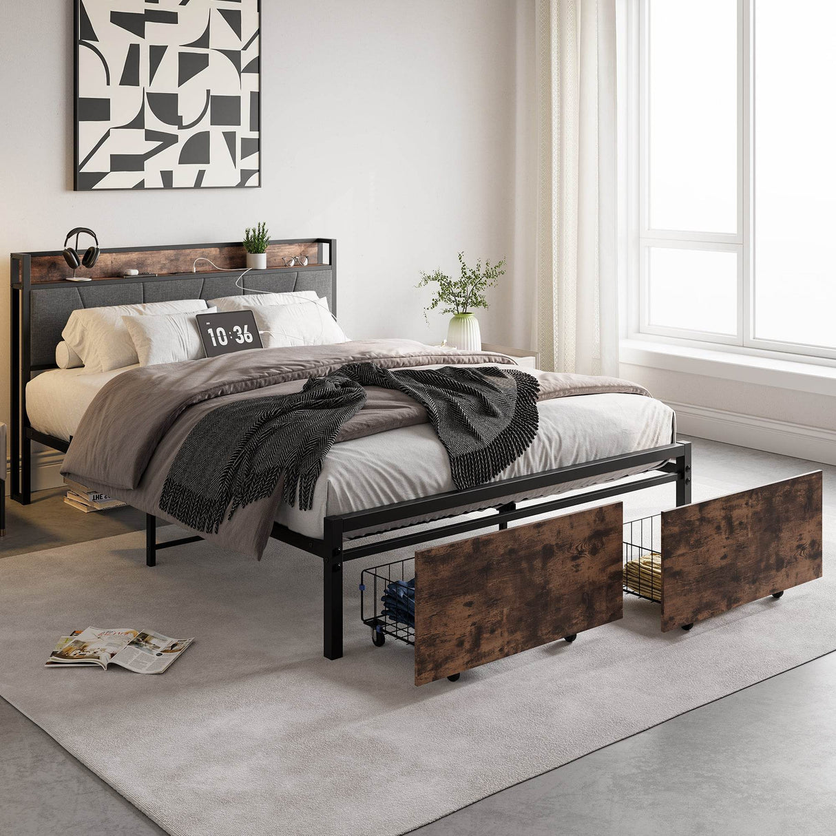 Queen Upholstered Storage Bed Frame With Charging Station