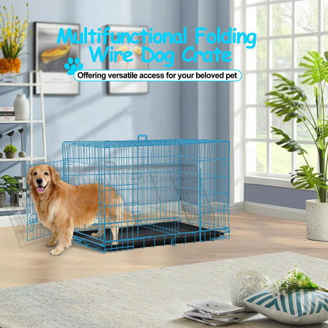 Durable Wire Dog Crate, Folding Metal Dog Kennel Double Door Dog Cage with Plastic Tray, Pet Crate for Large Dog Indoor Outdoor Travel (Blue, 36 Inch)