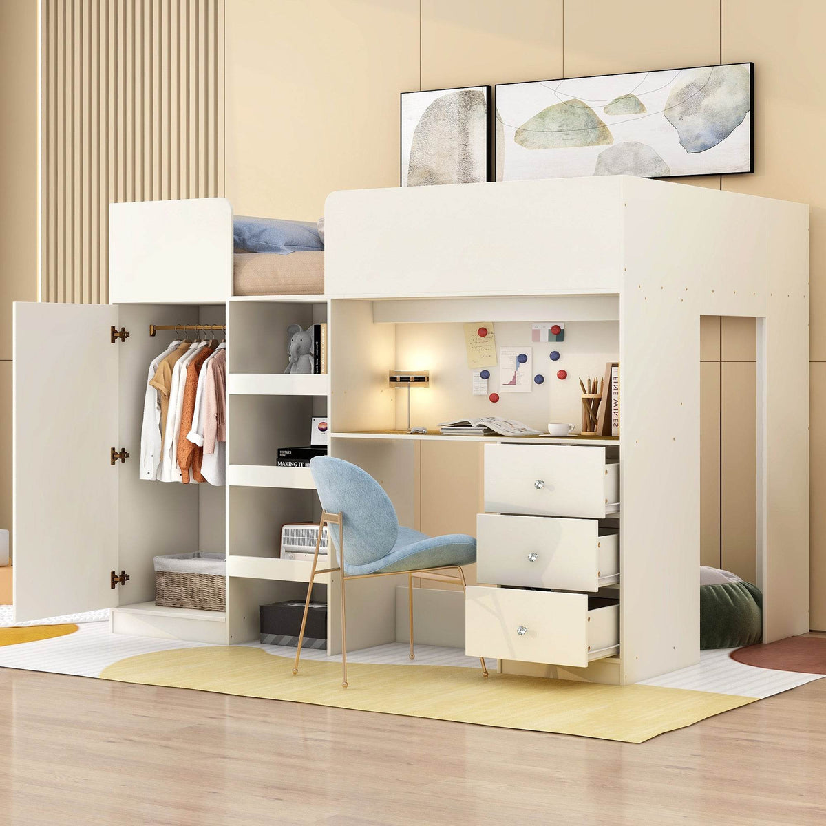 Full Size Wood Loft Bed Frame With Desk And Storage