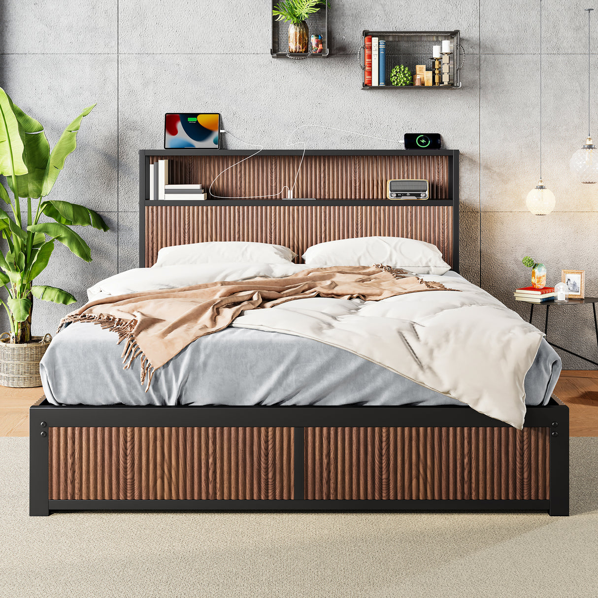 Queen French Bed Frame With Storage Drawers And USB Socket