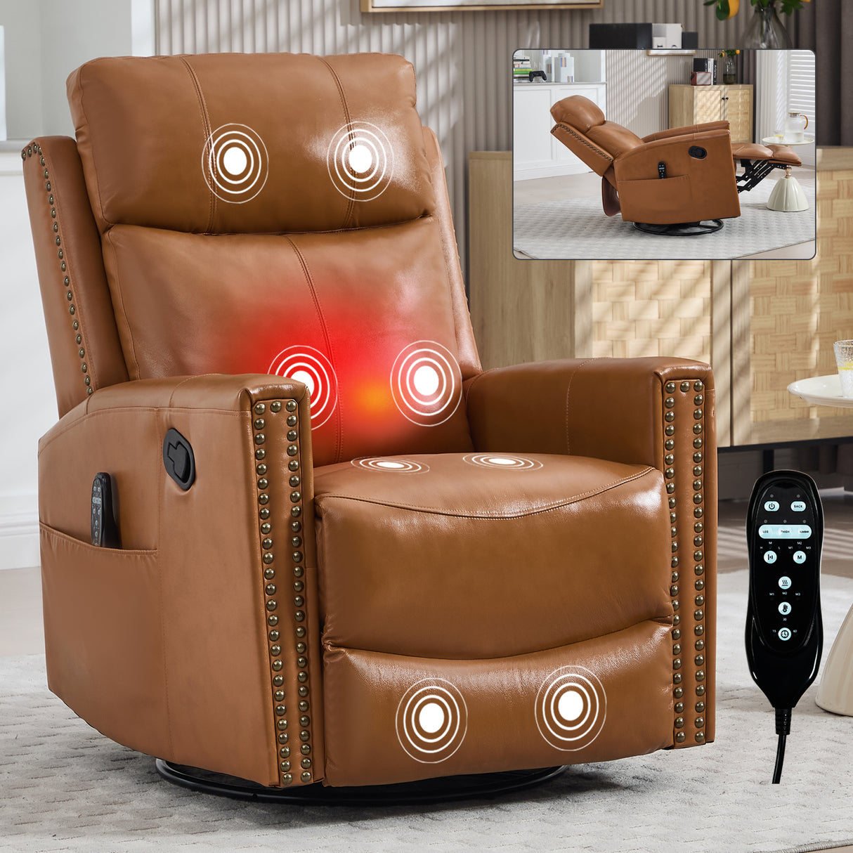 Genuine Leather Medium-Firm Heat Massage Swivel Recliner Chair