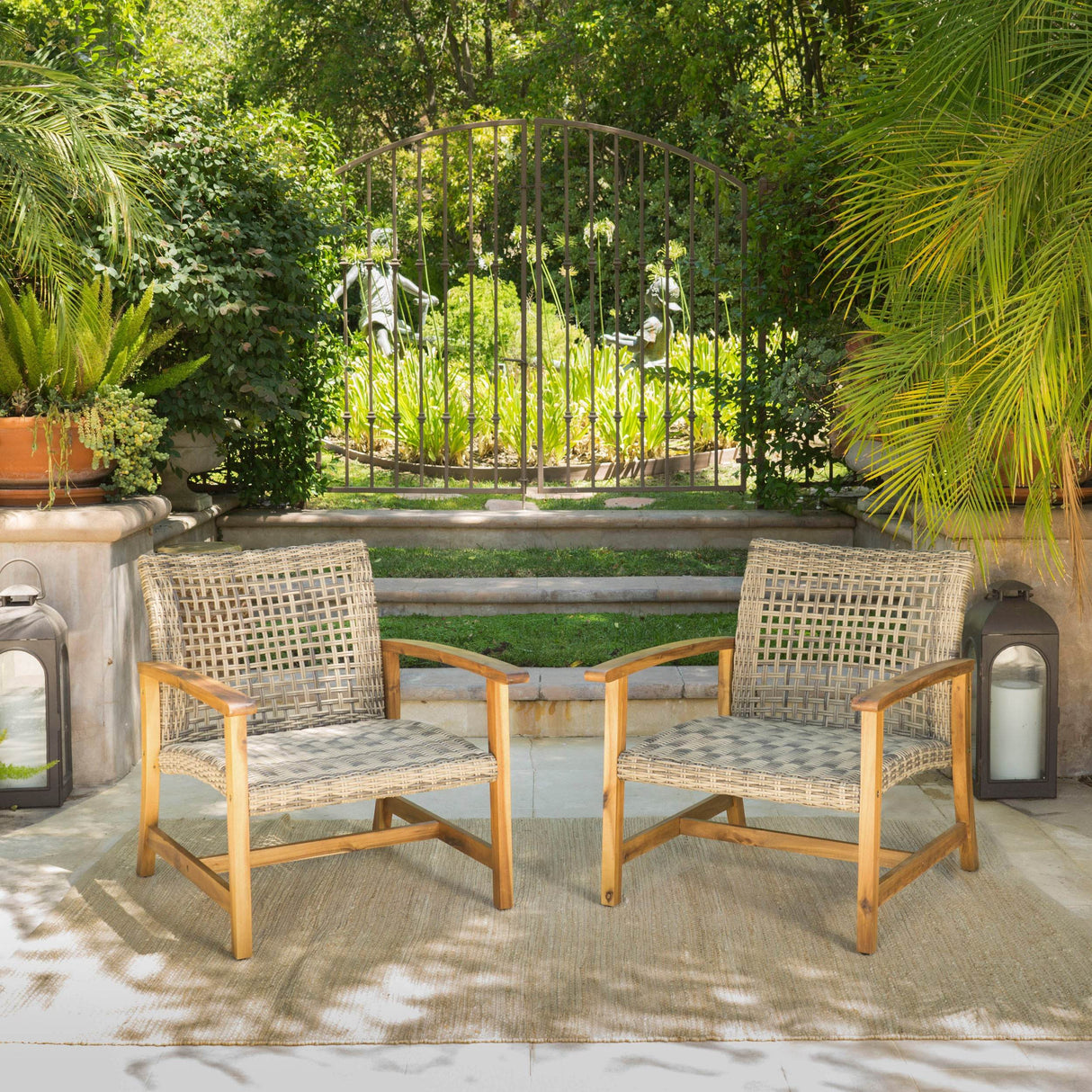 2-Piece Outdoor Acacia Wood Wicker Club Chairs