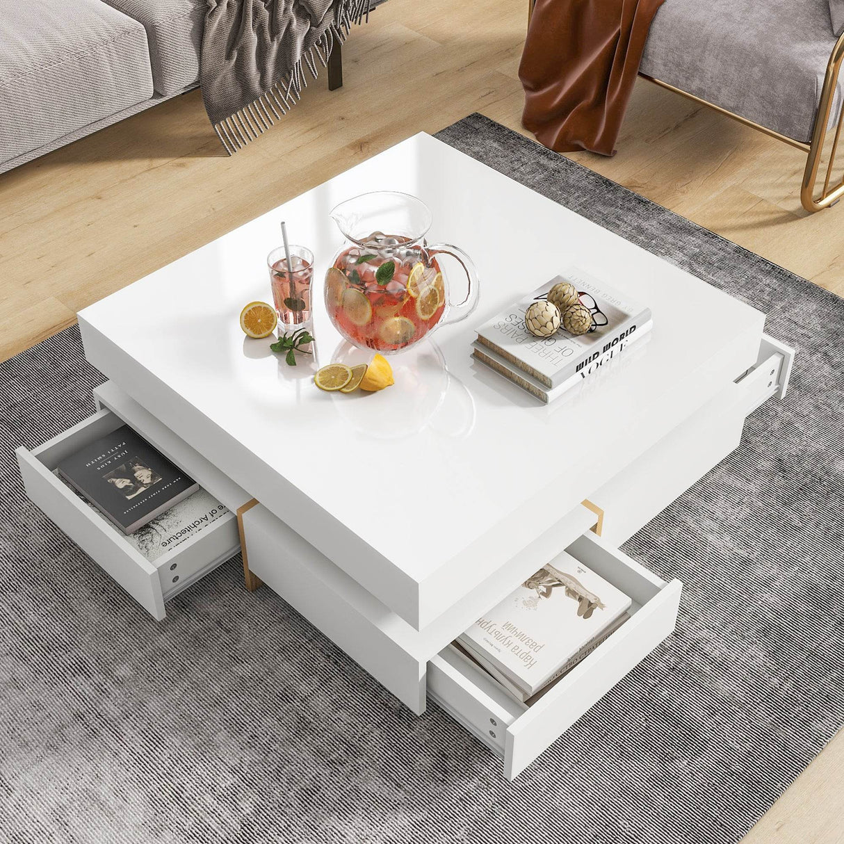 Modern High Gloss White Coffee Table With Drawers