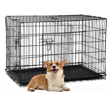 Durable Wire Dog Crate, Folding Metal Dog Kennel Double Door Dog Cage with Plastic Tray, Pet Crate for Large Dog Indoor Outdoor Travel (Blue, 36 Inch)
