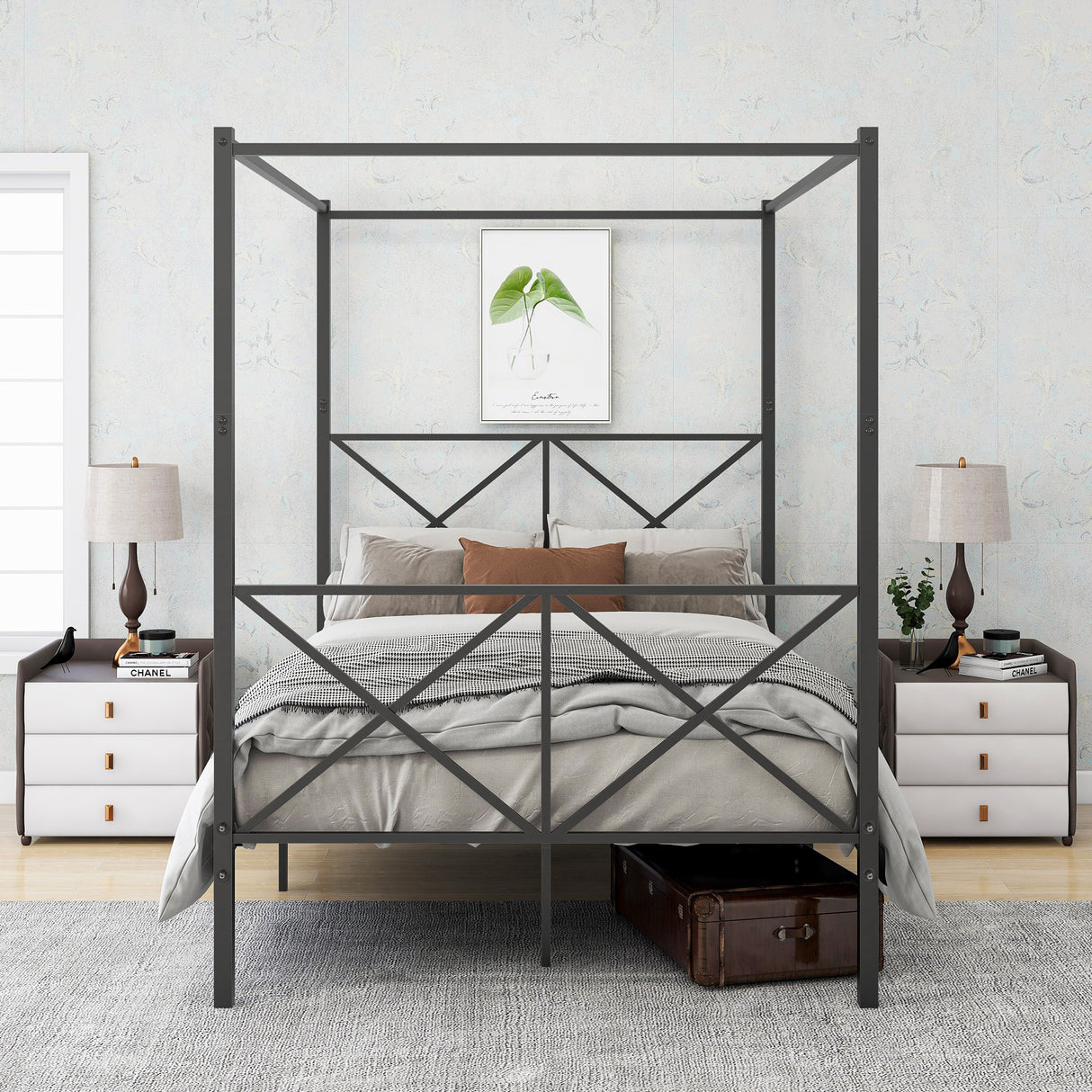 Full Size Black Metal Platform Bed Frame With Storage