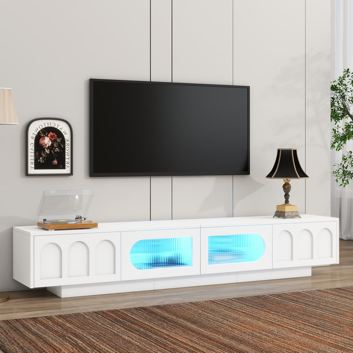 Smart LED White TV Stand With Storage Cabinets