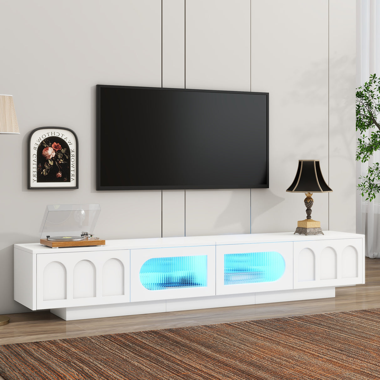 Smart LED White TV Stand With Storage Cabinets