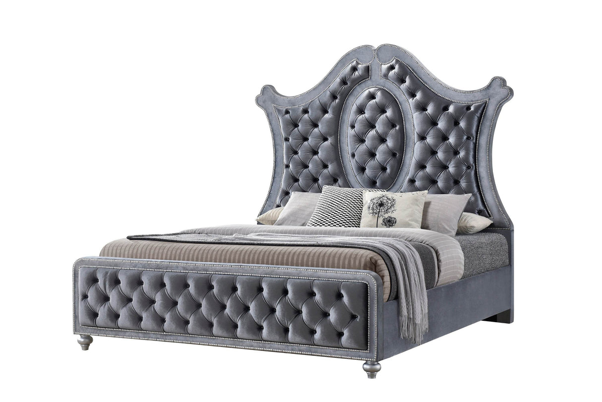 Queen Glam Panel Bed With Tufted Headboard and Nailhead Trim