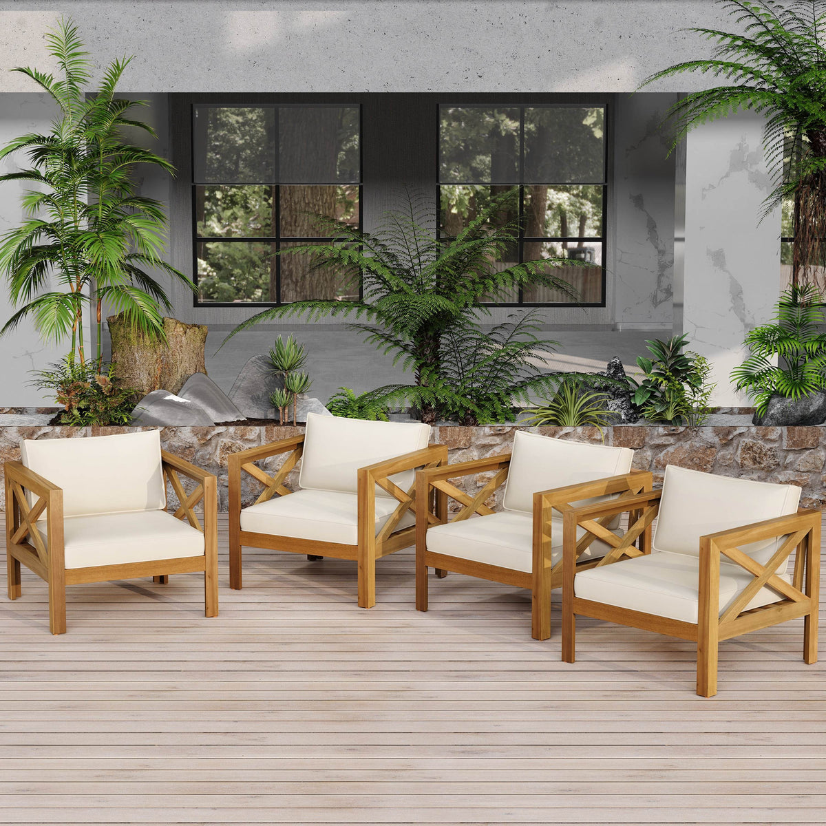 Set of 4 Outdoor Acacia Wood Club Chairs With Cushions