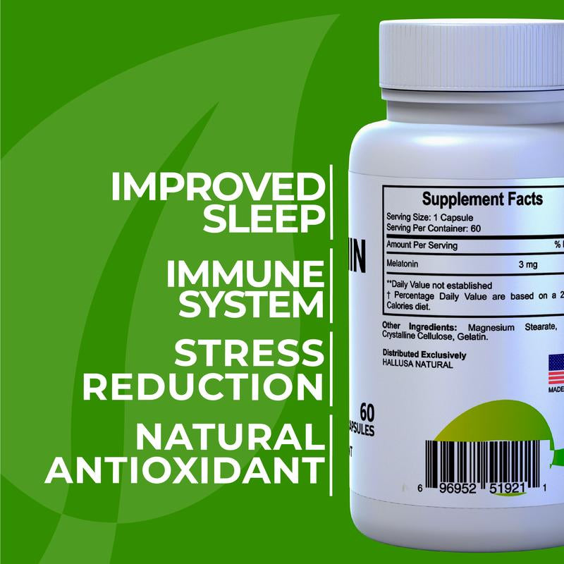 MELATONIN - Melatonin 3 Mg 60 Cap - Sleep Supplement - Dietary Supplement Restful Sleep - Deep Sleep - Relaxation - Focus Factor - Hallusa Natural