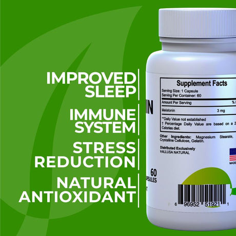 MELATONIN - Melatonin 3 Mg 60 Cap - Sleep Supplement - Dietary Supplement Restful Sleep - Deep Sleep - Relaxation - Focus Factor - Hallusa Natural