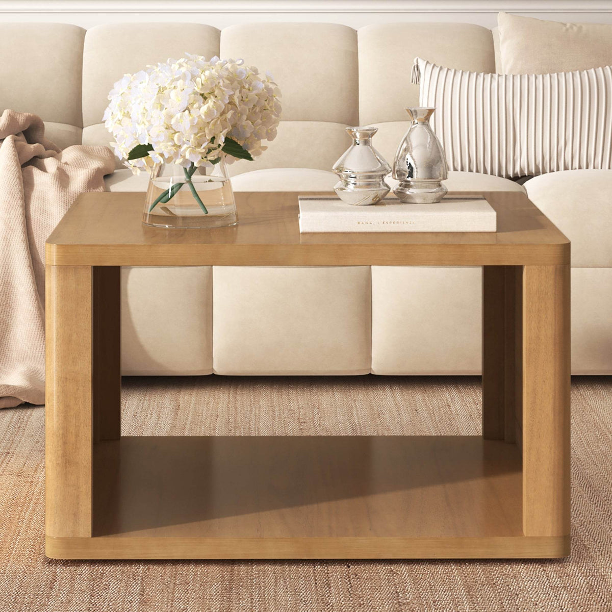 Natural Farmhouse Square Coffee Table With Storage