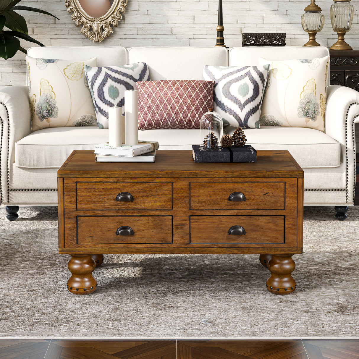 Solid Wood 40-Inch Antique Coffee Table With Drawers