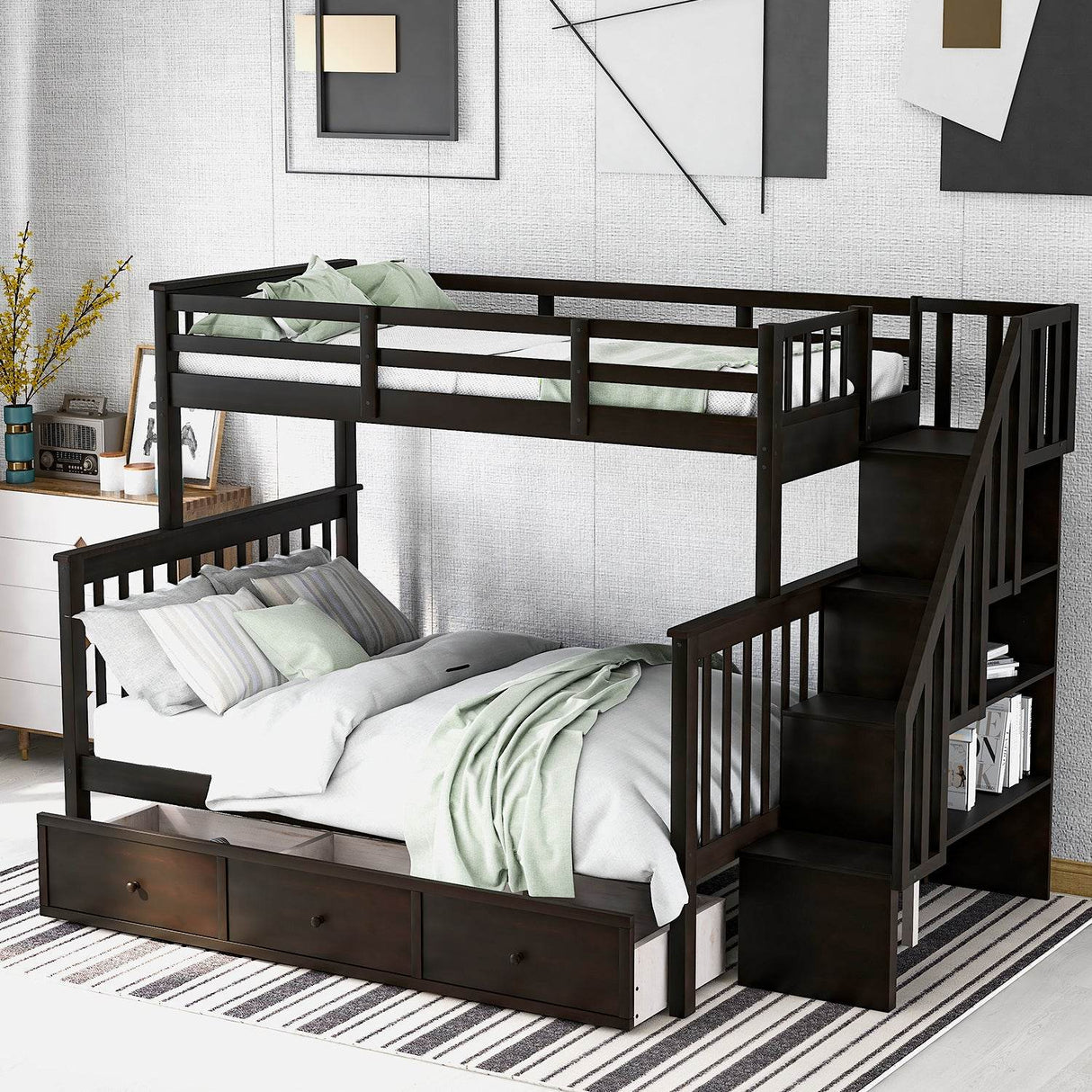 Twin-Over-Full Solid Wood Stairway Storage Bunk Bed