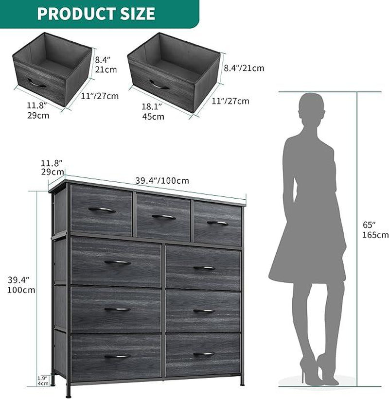 DWVO Chest of Drawer with 9 Drawers for Bedroom Fabric Dresser Storage Drawers with Handles Metal Frame for Living Room, Hallway, Nursery