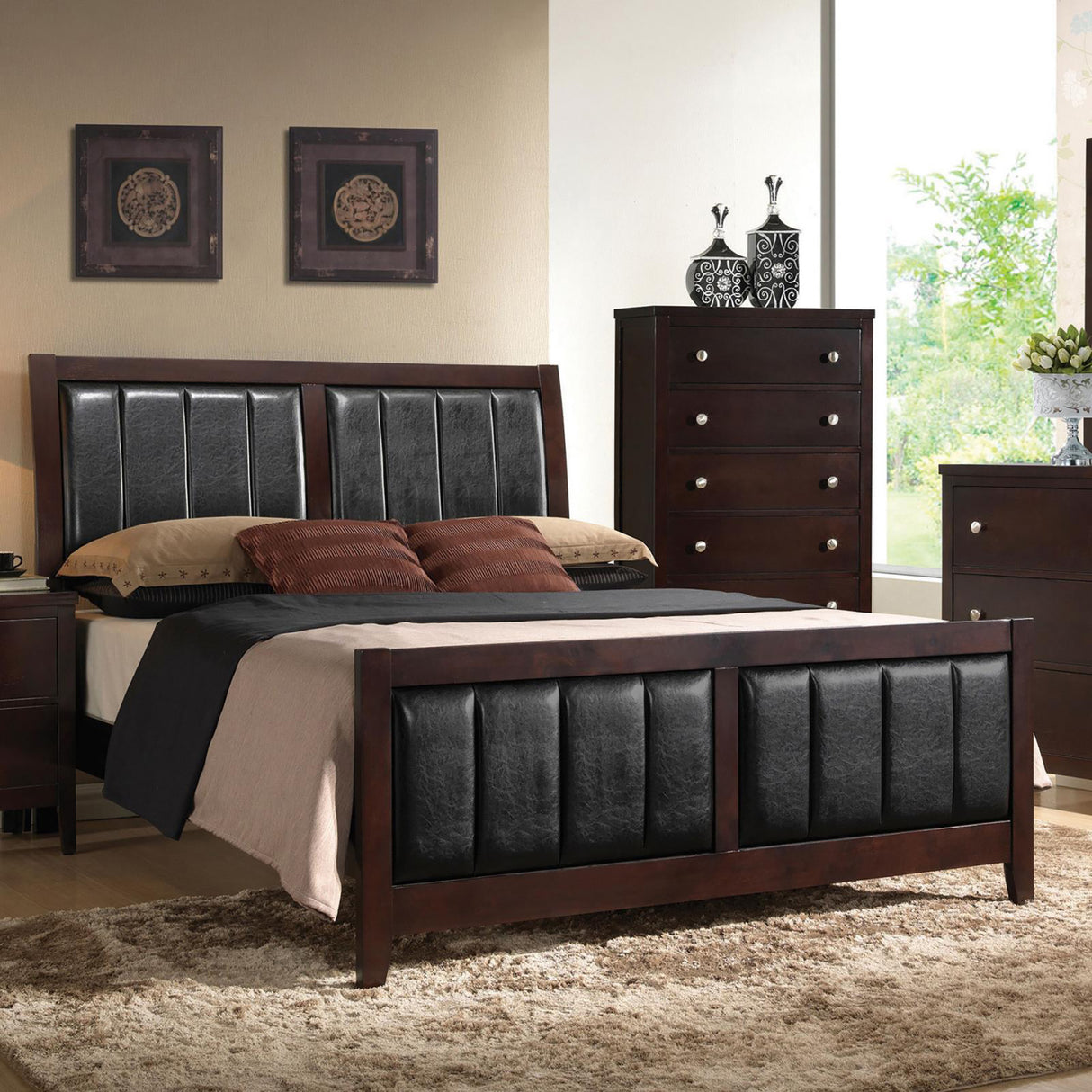 Queen Cappuccino Wood Faux Leather Panel Bed Frame