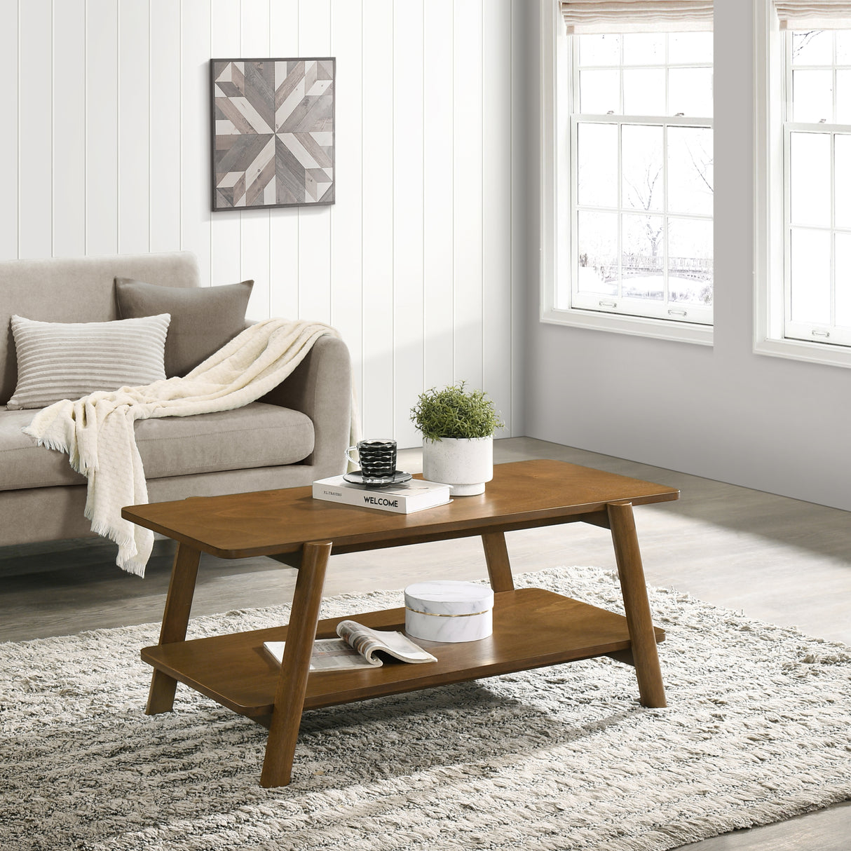 Mid-Century Modern Walnut Wood Shelf Coffee Table