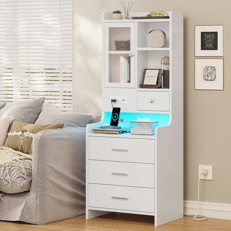 Sikaic LED Tall Nightstand with Charging Station Drawers Shelves Glass Door Storage
