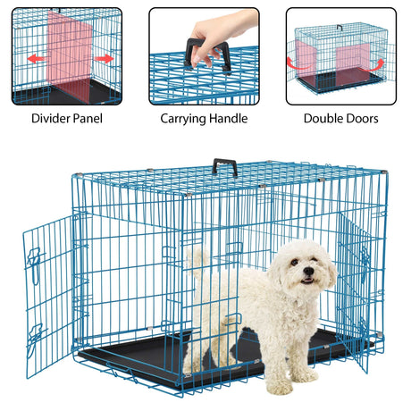 42 Inch Dog Crate, Dog Crates and Kennels Foldable Large Dog Crate for Large Dogs with Handle Double-Door Outdoor Metal Wire Dog Cage with Plastic Tray for Medium Dogs, Black