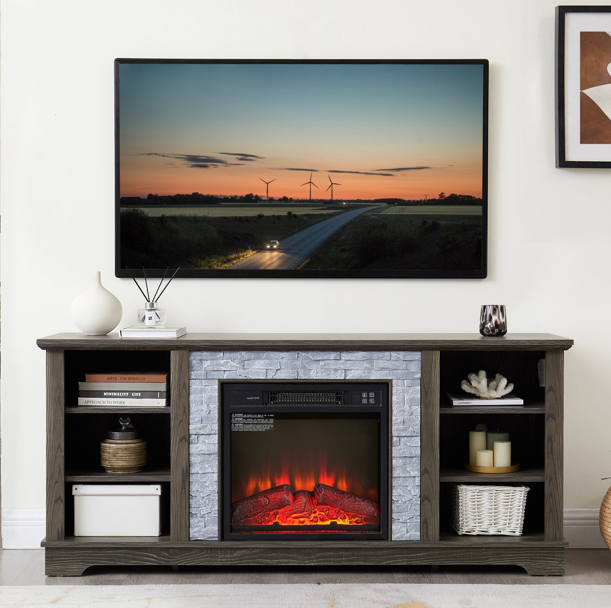 Electric Fireplace TV Media Stand With Storage