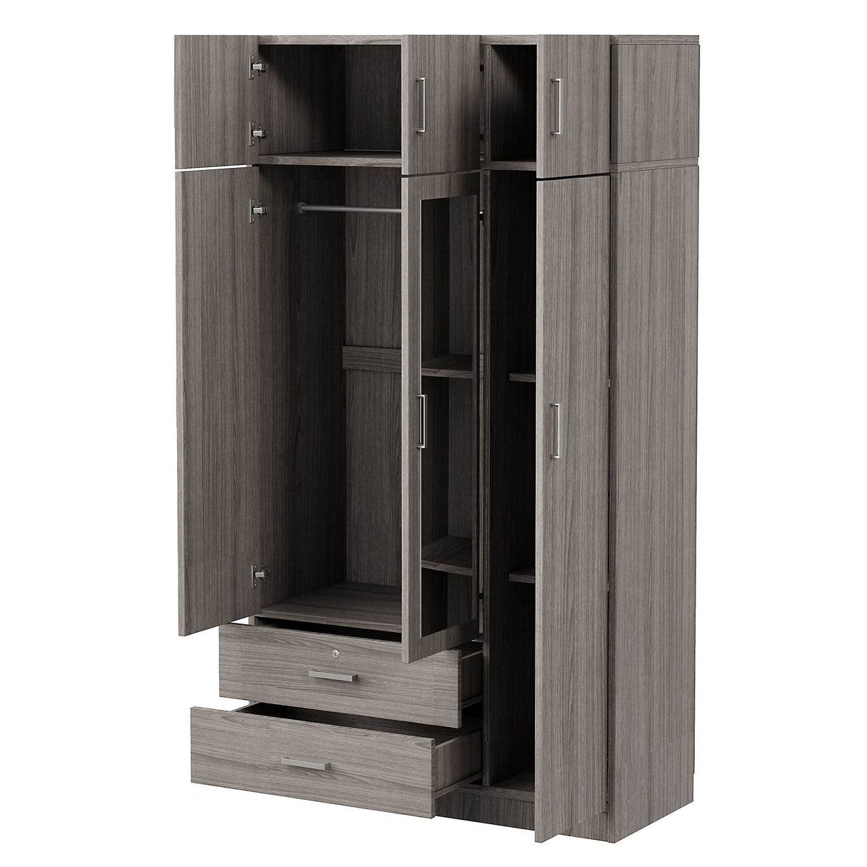 Modern Gray Particle Board 3-Door Mirror Wardrobe