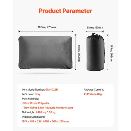 Camping Pillow, Memory Foam Travel Pillow with Double-Sided Cover, Portable Backpacking Pillows with Storage Bag