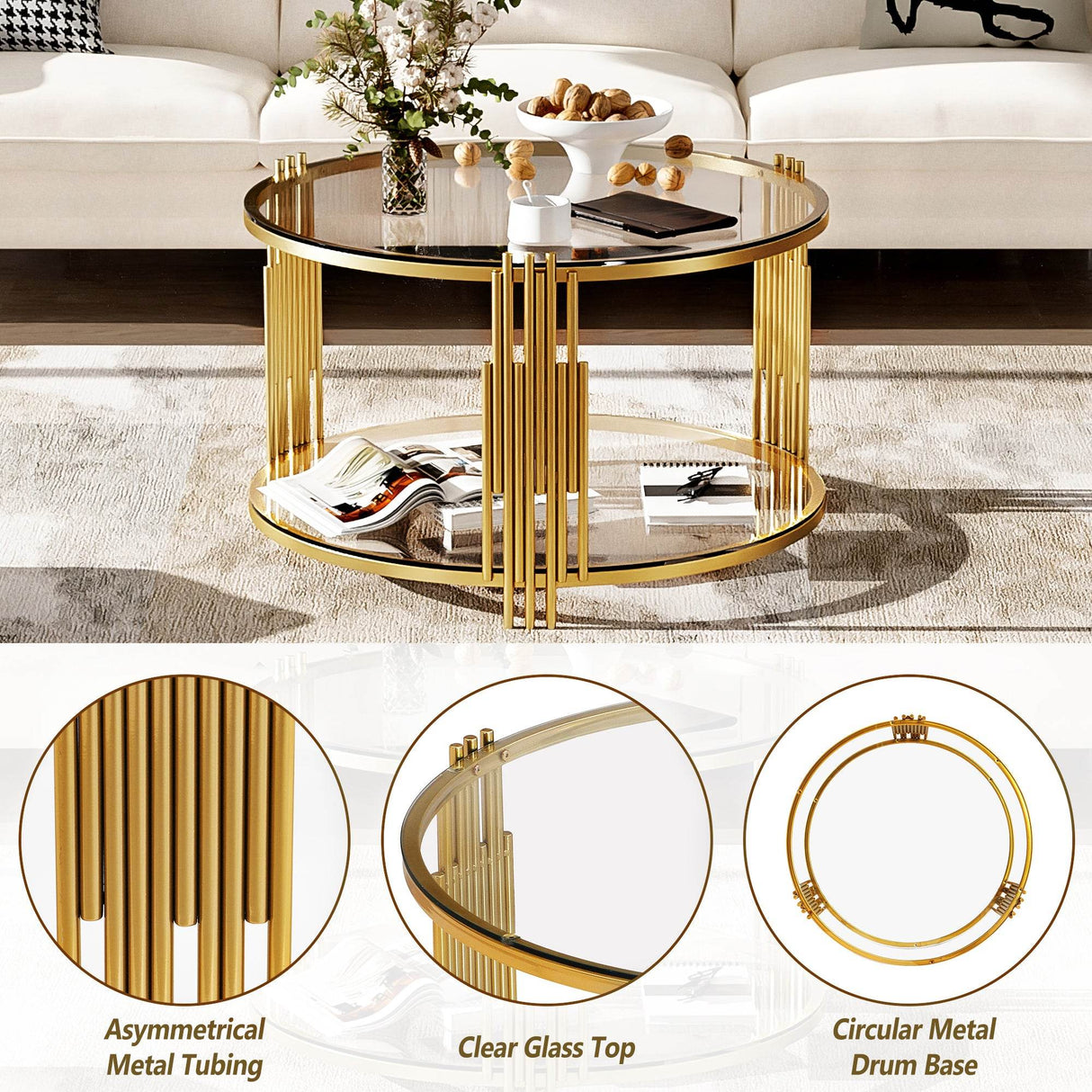 Modern Round Tempered Glass Coffee Table With Shelf - Sleep Galleria