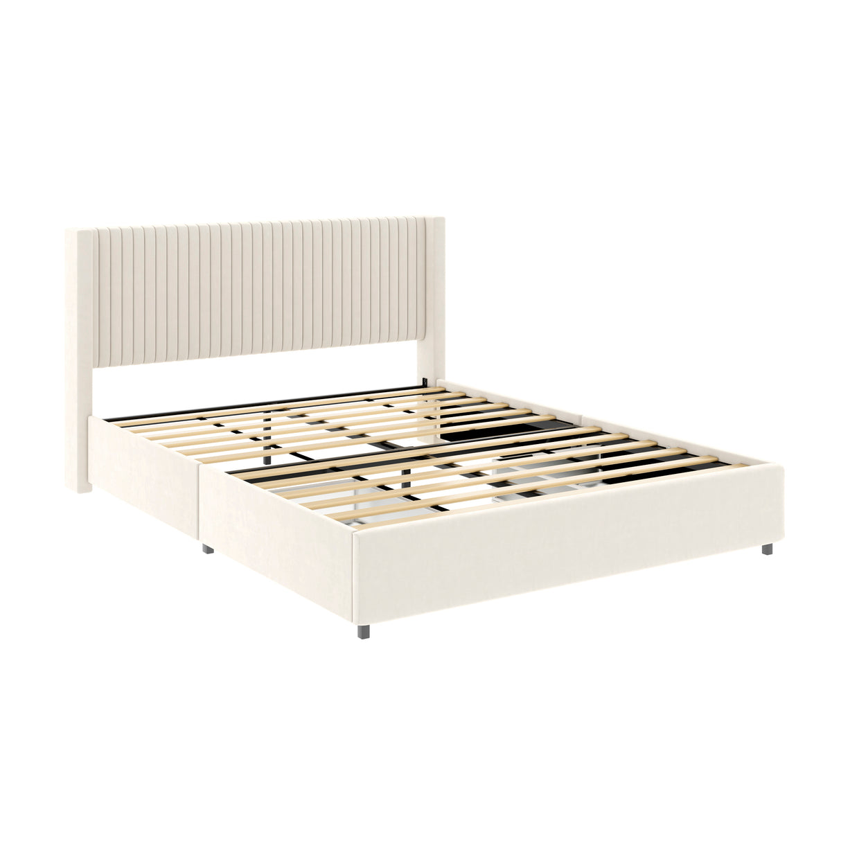 Queen Ivory Velvet Upholstered Wingback Storage Bed Frame