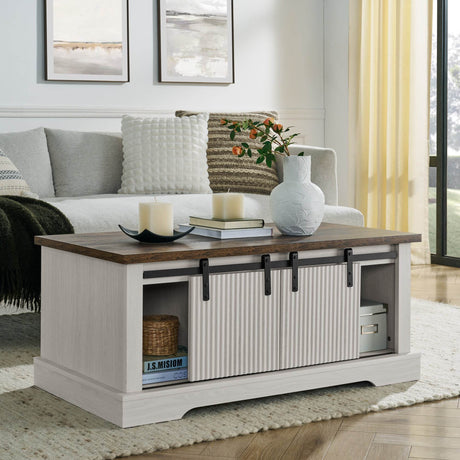Rustic Sliding Barn Door Coffee Table With Storage - Sleep Galleria