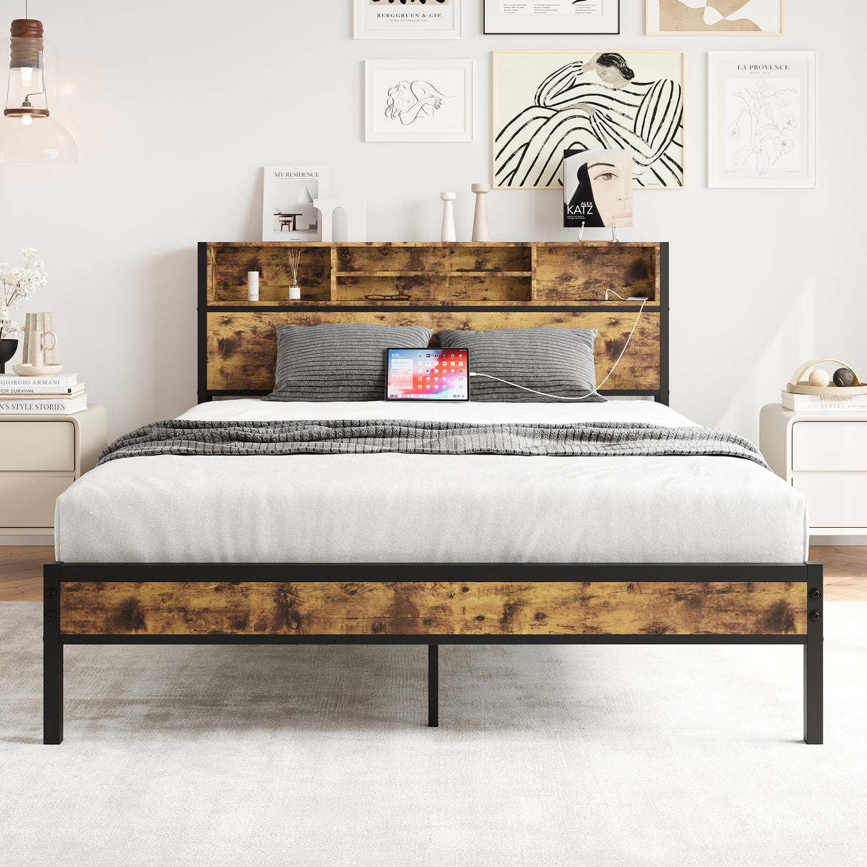 Queen Metal Platform Bed Frame With Charging Station