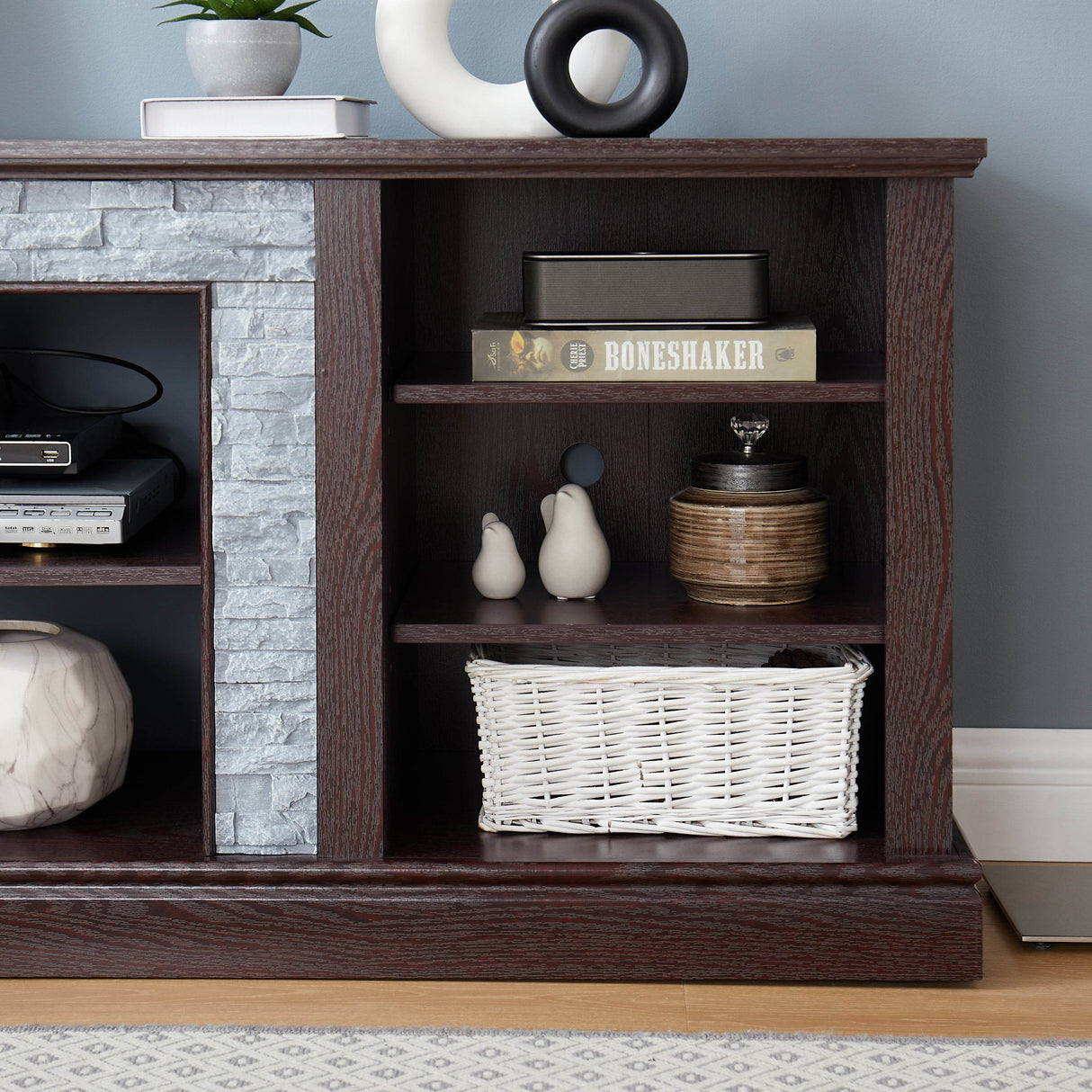 Cherry Faux Stacked Stone TV Stand With Storage Cabinet - Sleep Galleria
