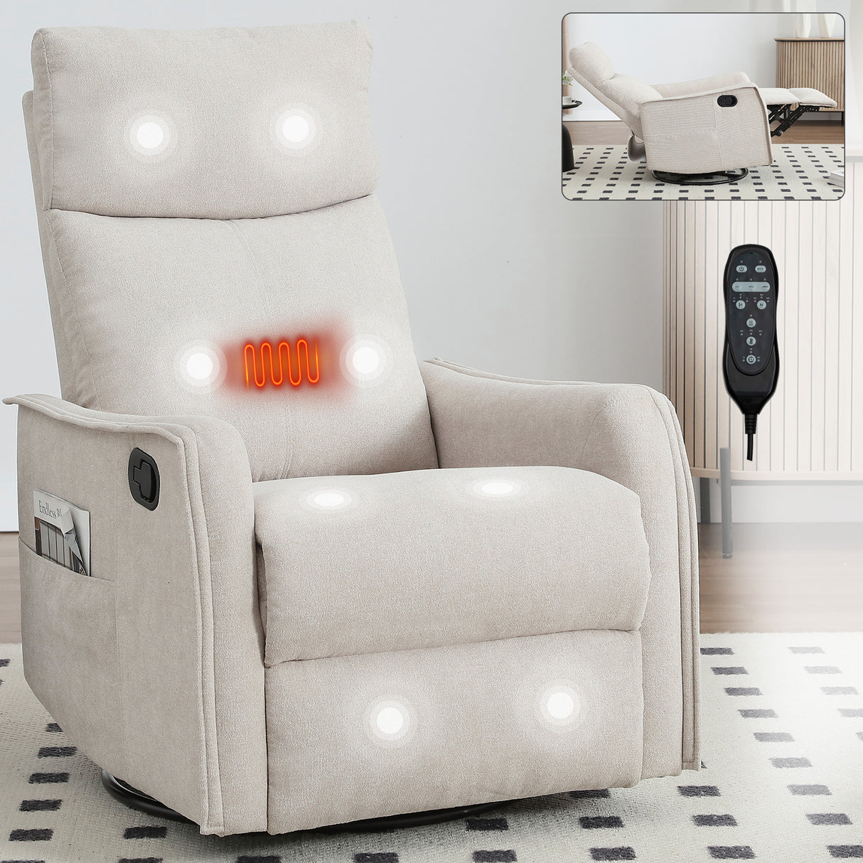 Heat Massage Medium-Firm Manual Recliner Chair With Swivel